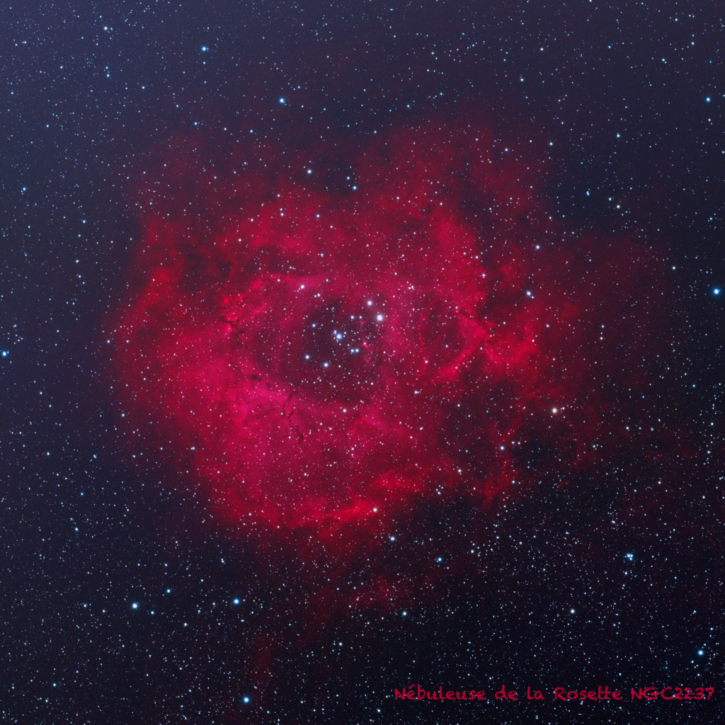 La nébuleuse de la Rosette, un nuage de gaz rose et rouge au milieu des étoiles